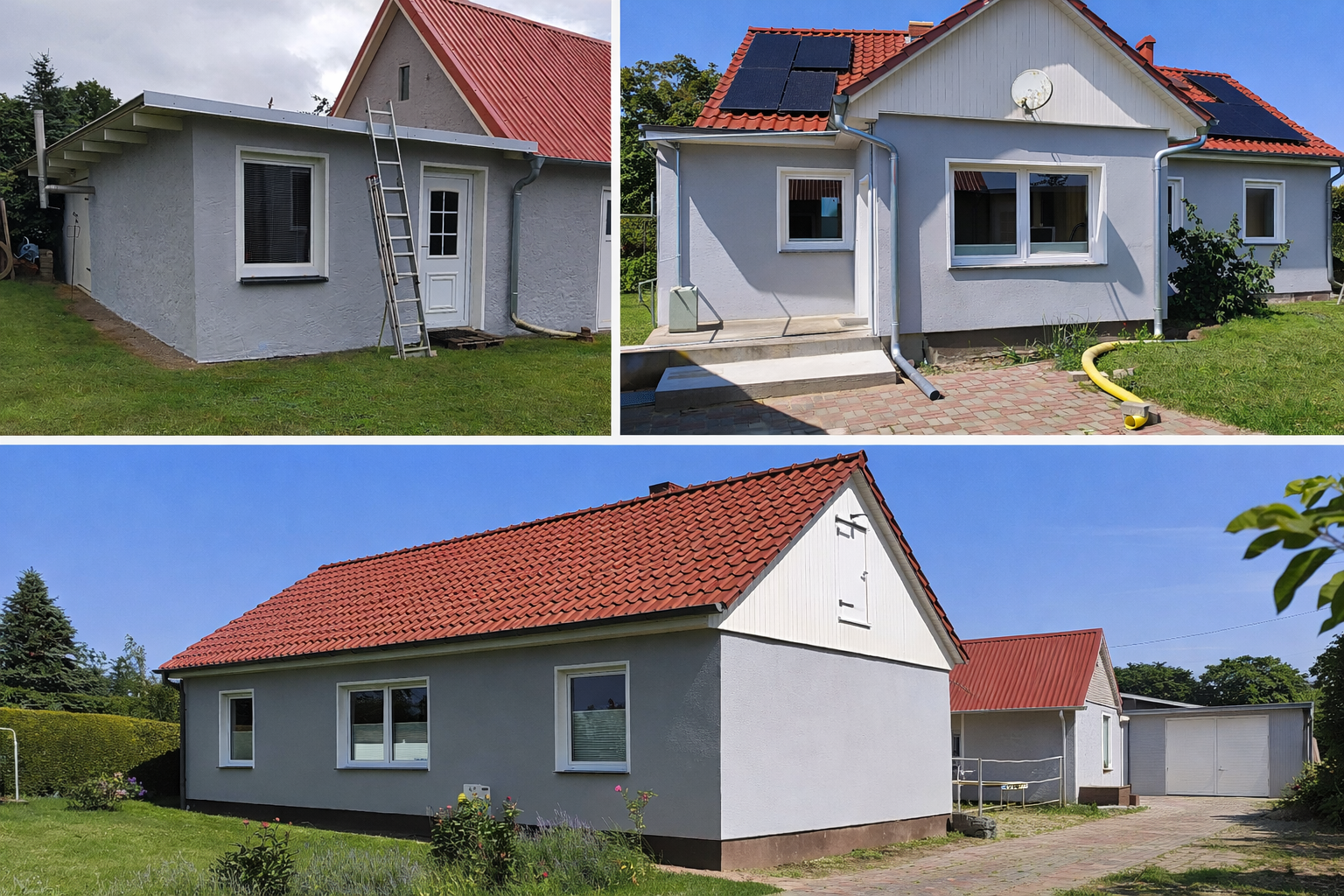 Mehrere Ansichten eines modernen, grau gestrichenen Hauses mit rotem Dach