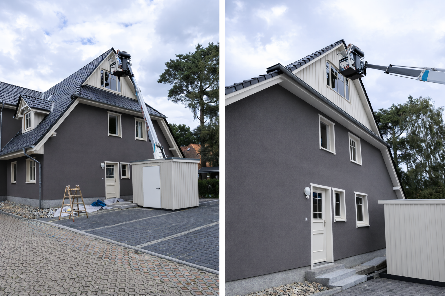 Graues Haus mit geräumigem Dach und Arbeitsmaschine