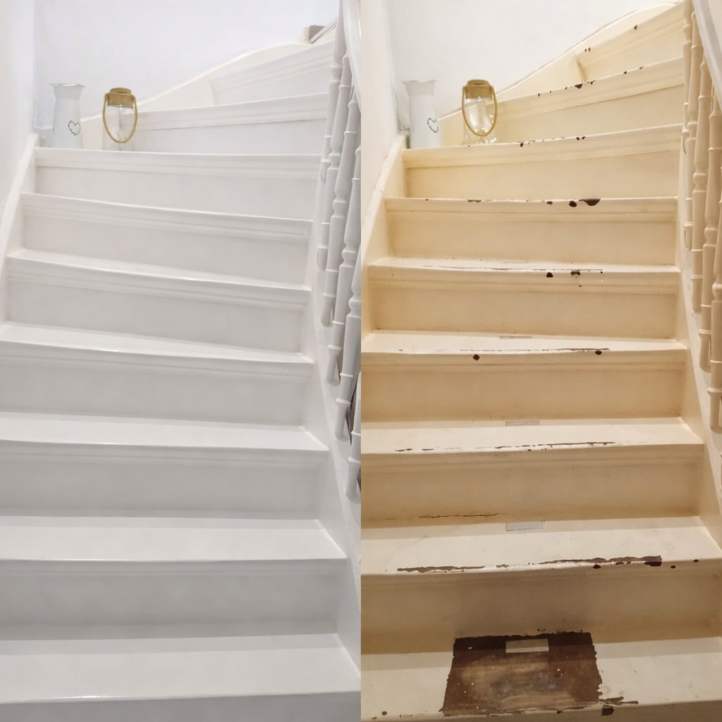 Treppe mit einer Seite frisch in Weiß gestrichen