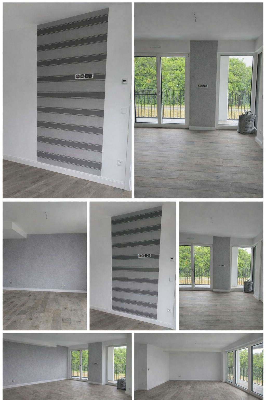 Helle Räume mit grauen Wänden und Mustertapeten