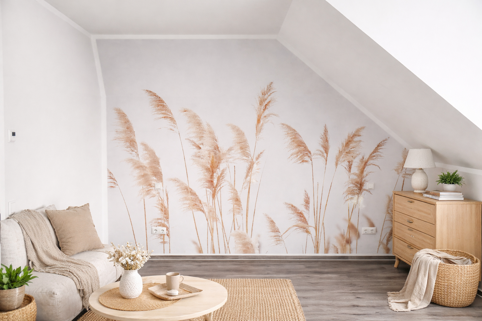 Heller Raum mit Rattanmöbeln und Pflanzenmustern