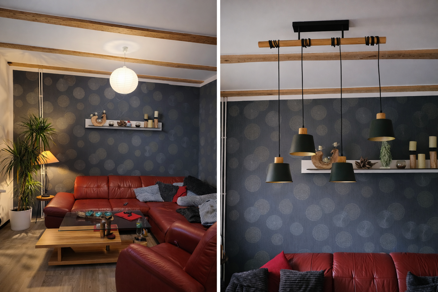 Gemütliches Wohnzimmer mit rotem Sofa und Pflanzen