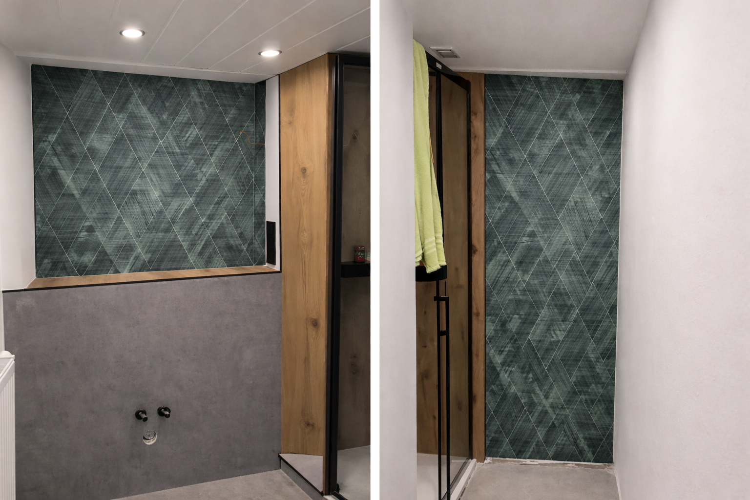 Moderne Dusche mit grünen Fliesen und Holzverkleidung