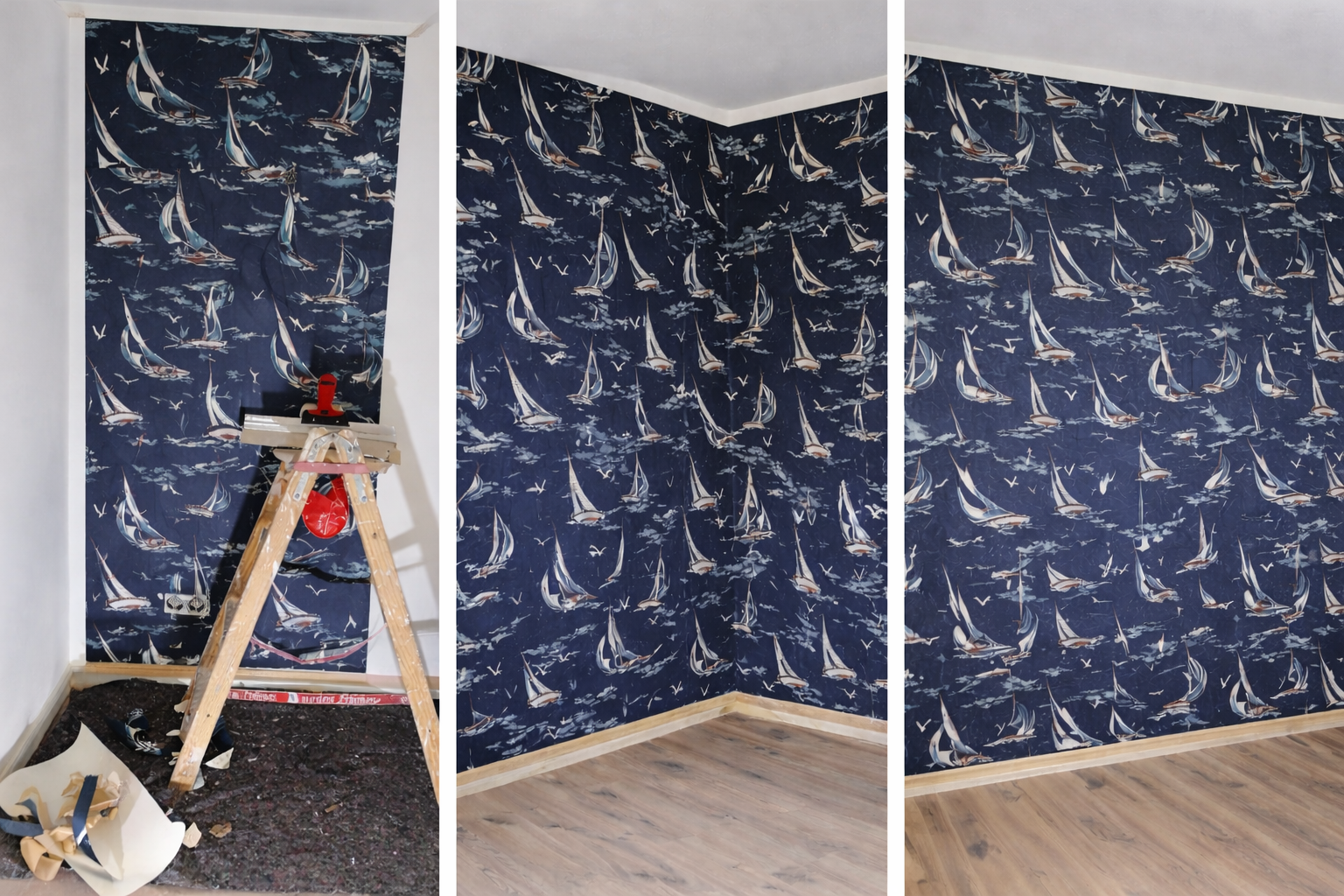 Dunkelblaue Tapete mit Schiffsmotiven